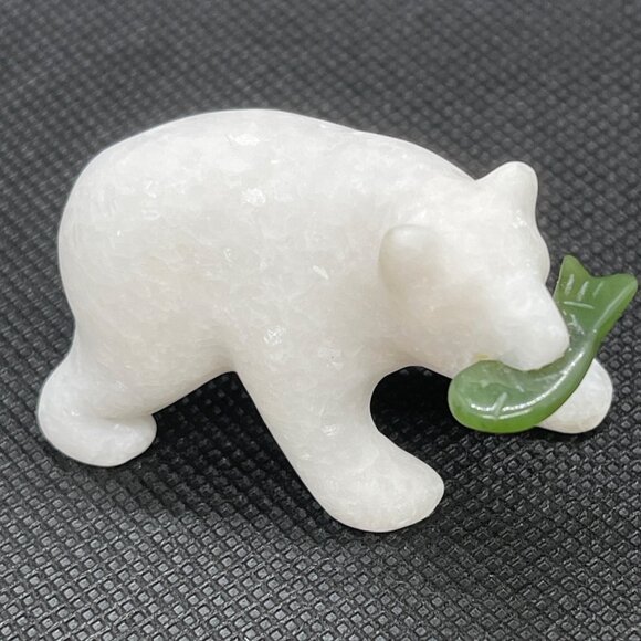 Hand Carved White Star Marble Grizzly Bear Family 3 pc Set Lot Jade Fish COA VTG - Picture 1 of 15